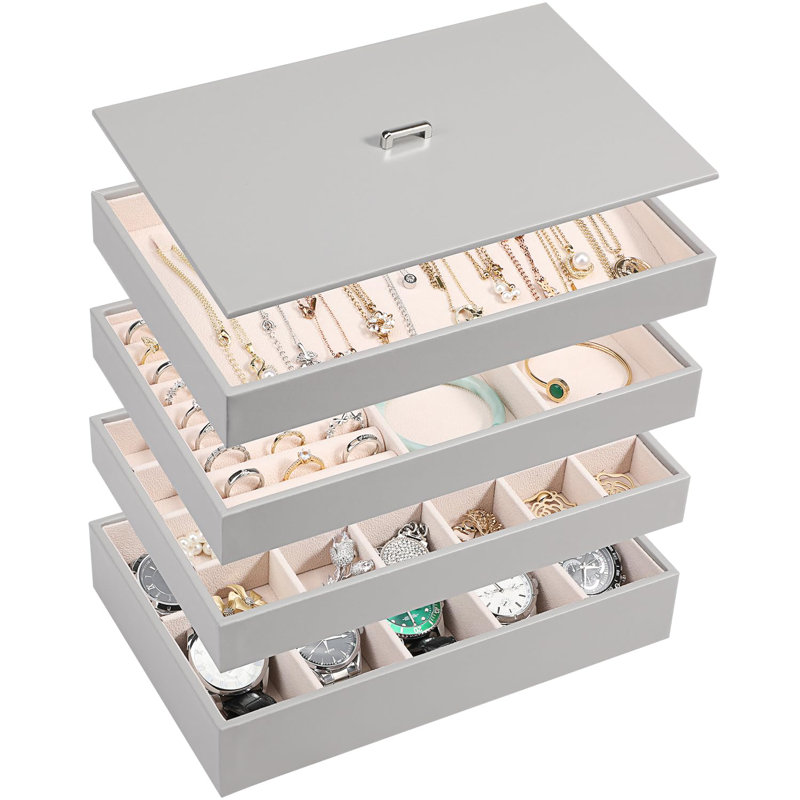 Plateau de rangement de bijoux empilable avec couvercle, support de rangement pour bijoux en cuir PU pour tiroirs, boîte à bijoux (ensemble de 4, gris)