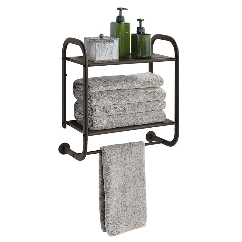 Demeatra Compact Wall Mount 2 Tier Bathroom Shelf with Towel Bars, Brown