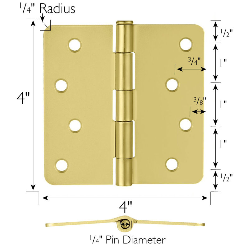 4" H x 4" W Butt Bearing Door Hinges, Satin Brass