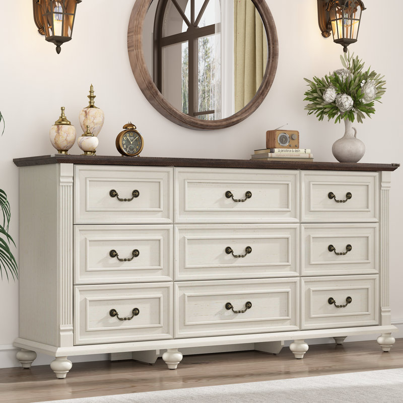 63" Wide 9 Drawer Dressers for Bedroom, Farmhouse Dresser with 6 Solid Wood feet, Wooden Dresser Rustic Chest, White