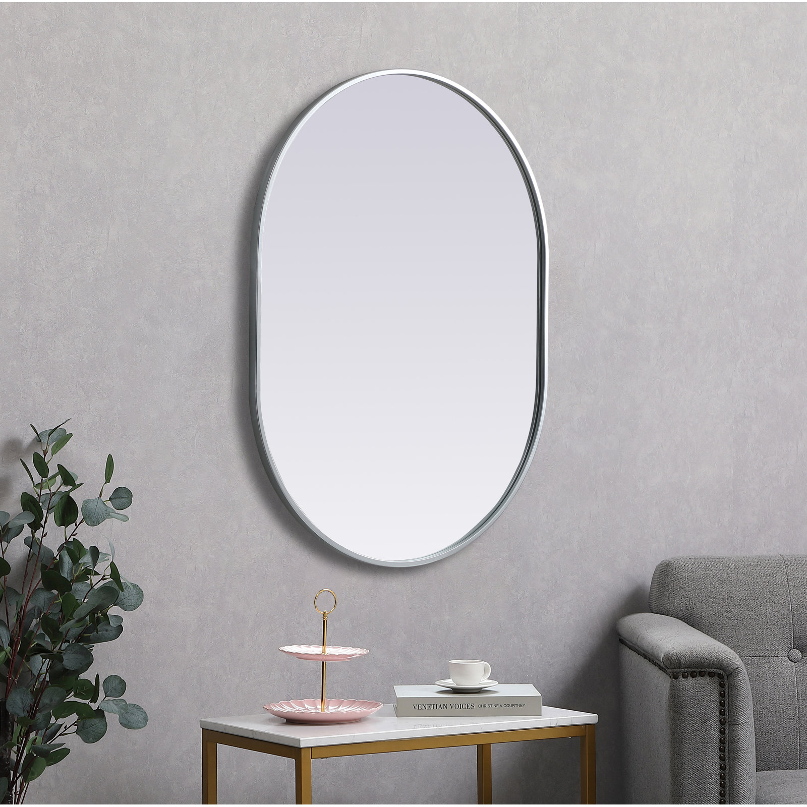 Sabine Metal Pill Wall Mirror, Silver, 36" x 27"