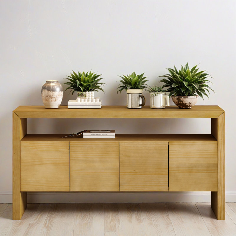 Armoire d'appoint 60,02 po à 4 portes, armoire d'appoint moderne en bois massif minimaliste avec tablette ouverte, console de rangement pour le salon, couloir