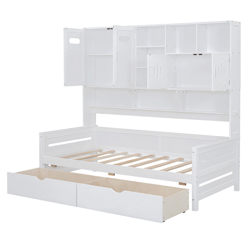 Twin Size Wooden Daybed With 2 Drawers, All-In-One Cabinet And Shelf, White, Space-Saving And Stylish, Twin, White