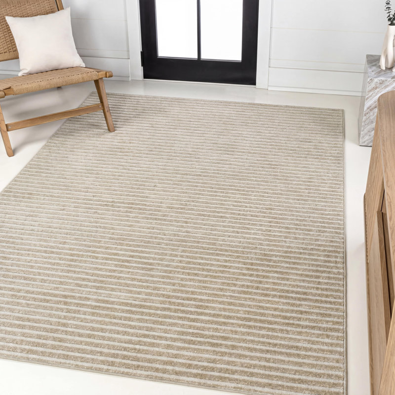 Wanneroo High-Low Minimalist Scandi Striped Beige/Cream Indoor/Outdoor Rug, Rectangle 2'11" x 5'