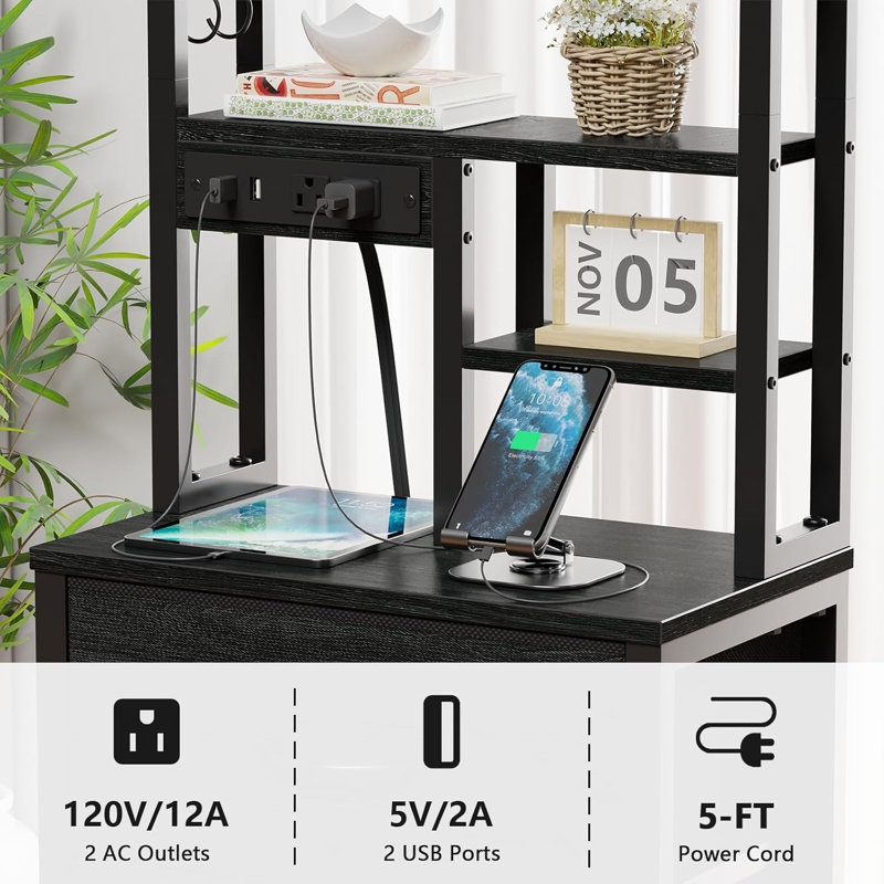 Nightstand with 4-Drawer LED Charging with 2 USB Ports & 2 Outlets, 2 Shelves, Adjustable Height for Bedroom, Black