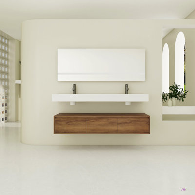 Meuble-lavabo mural de 60 po avec lavabo en résine, tiroir à fermeture en douceur et fixation flottante