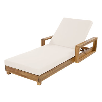 Ensemble de chaise longue d'extérieur en bois d'acacia naturel clair avec coussin pliant crème et pliable de 4 pouces, 4 positions inclinables, capacité de 400 lb, 1 structure avec 1 coussin pour la cour de la piscine