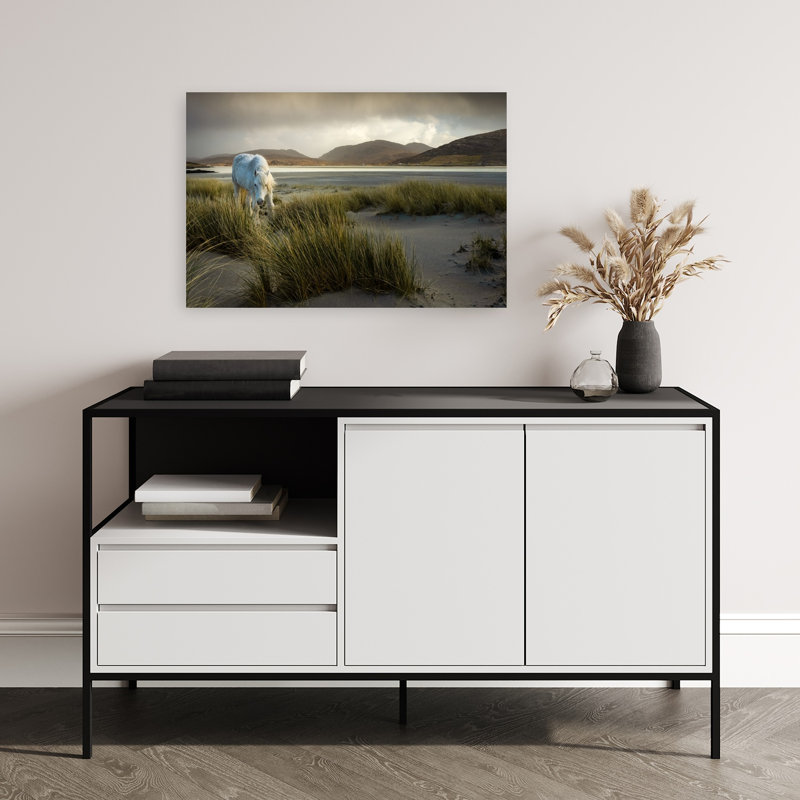 White Horse On Dunes Dramatic Peaceful Serene Horse Coastal Wall Art Print 1 Piece Wrapped Canvas Wall Art