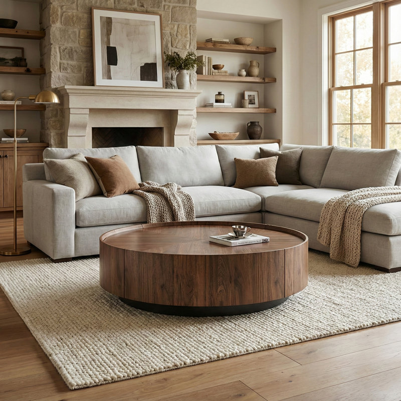 Walnut Round Coffee Table with 2 Hidden Storage Drawers for Living Room or Home Office, 12.6" H x 35.43" W x 34.43" D