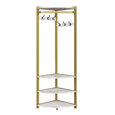 Space-Saving Semi-Circular Corner Hall Tree Coat Rack – 6 Double Hooks, Shoe Bench, 4 Storage Shelves – Freestanding Organizer for Entryway, Hallway, Closet, Bedroom – Gold+Marble White
