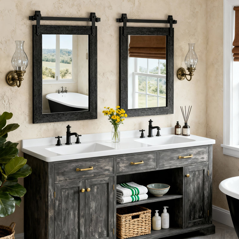 Rustic Farmhouse Solid Wood Accent Mirror Decorative Mirror Rectangle Bathroom Mirror Barn Wall Mirror, 31.3" x 21.8", Black