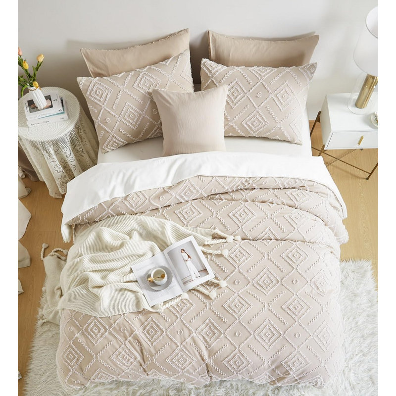 Ensemble de housse de couette en microfibre / polyester W-SJTYFL, Housse de couette grand et 2 taies d'oreiller stan, Beige