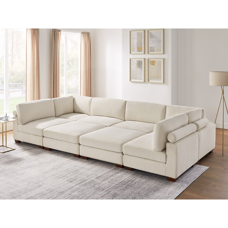 8-Piece Modular Upholstered Sectional Couch With Ottomans, Beige Polyester