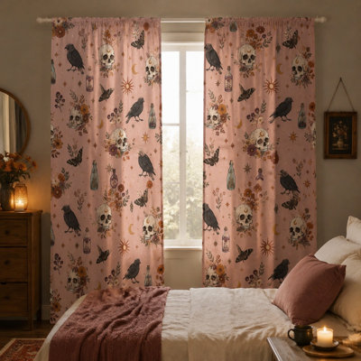 2Pcs Mystical Skull Butterfly Crow Curtains, Vintage Celestial Floral Print Light Filtering For Living Room Bedroom Kitchen Patio Decor With Rod Pocket Window Drapes, Boho Home