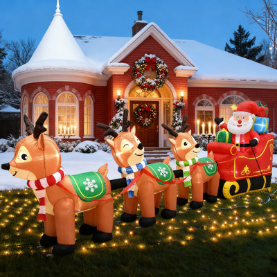 12 Ft Giant Christmas Inflatable Santa Claus On Sleigh & 3 Reindeer - Outdoor Blow-Up Yard Decor With Built-In LED Lights For Indoor Outdoor Home Holiday Display