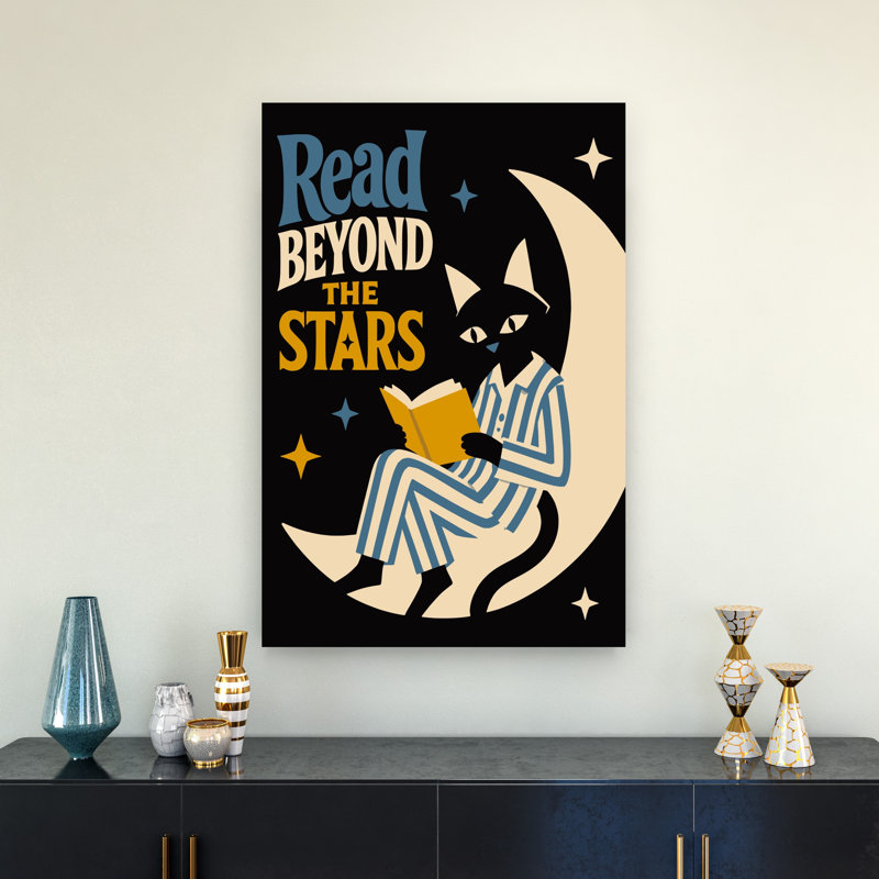 Cozy Cat Beyond Stars Peaceful Retro Whimsical Cat Landscape Nature Wall Art Print 1 Piece Wrapped Canvas Wall Art