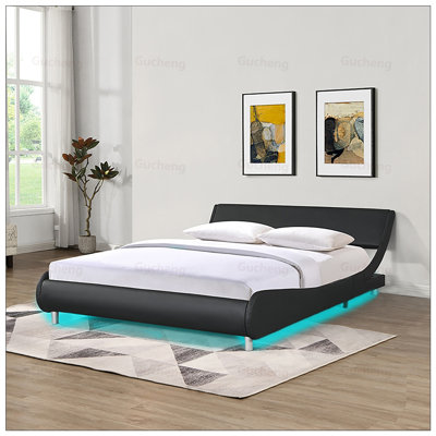 Faux Leather Upholstered Platform Bed Frame with LED Lighting, Remote and App Control, Curved Design, Wood Slat Support, No Box Spring Needed, Easy Assembly