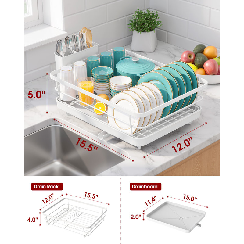 Stainless Steel Dish Drying Rack for Kitchen Counter, Sink Organization and Storage Essentials with Silverware & Utensil Holder, Home and Apartment Decor, 12''W x 15.5''L, White