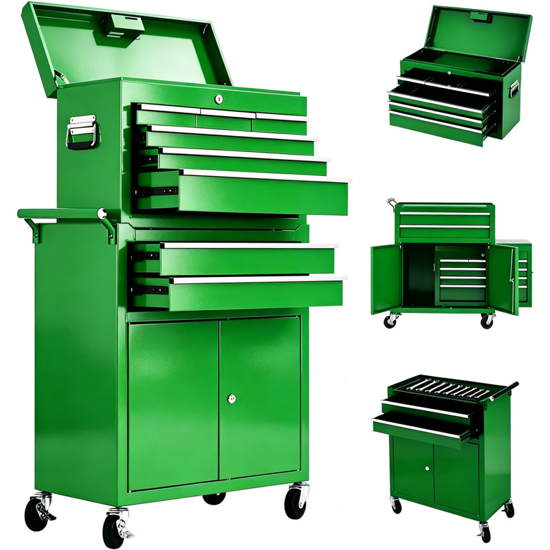 8-Drawer Heavy-Duty Rolling Tool Chest - Detachable cabinet, lockable wheels, sliding drawers, secure locking system. High-capacity organizer for workshop, garage, and mechanics. (Green)