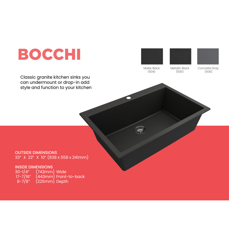 Campino 33'' L Single Basin Kitchen Sink, Matte Black