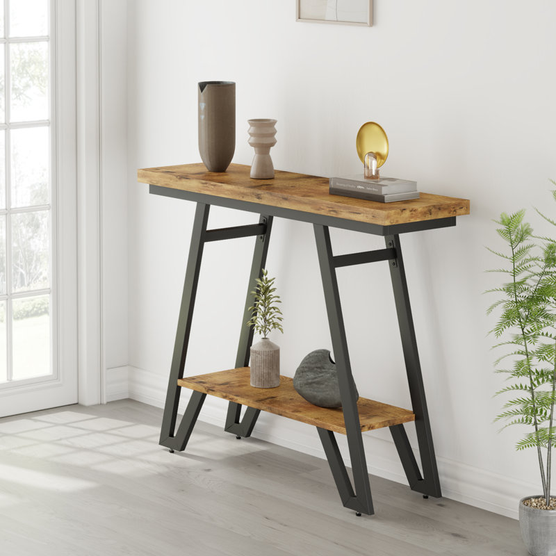 40.5" Industrial Console Table With Metal Frame, 2-tier Narrow Entryway Table For Small Spaces, Brown