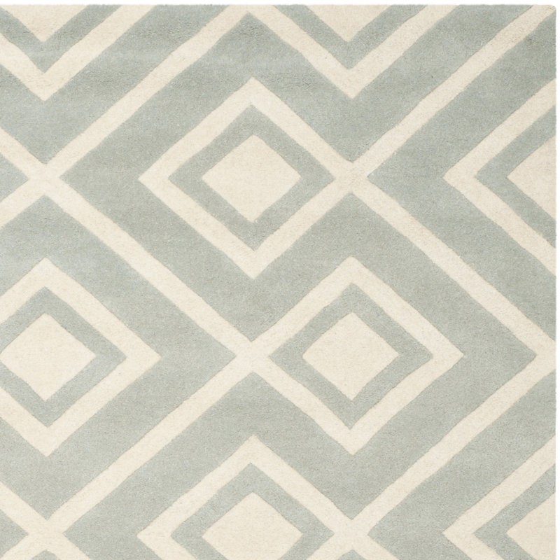 Tapis gris / ivoire en laine touffeté à la main à motif géométrique Ellicott, Carré 7 pi