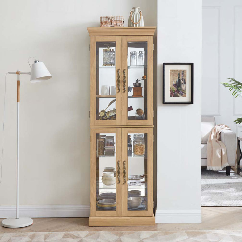 Vitrine, armoire de rangement en verre, armoire à vin en verre, cadre en bois, Chêne clair