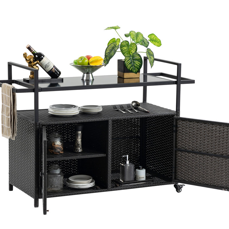 Table de comptoir à boissons noire avec roulettes, plateau en verre roulant pour l'extérieur et l'intérieur Chariot à boissons polyvalent - noir, bar, piscine, cuisine, salle à manger