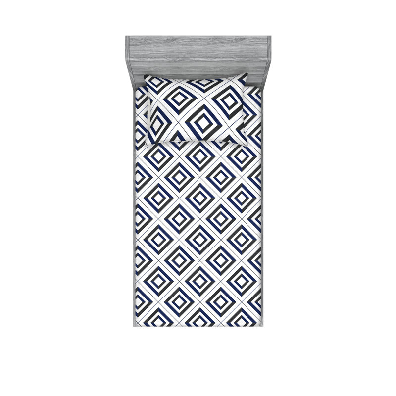 Ambesonne Fitted Sheet & Sham Geometric Pattern Modern Navy Blue Dark Taupe Grey, Twin Sheet Set with 1 Pillowcase