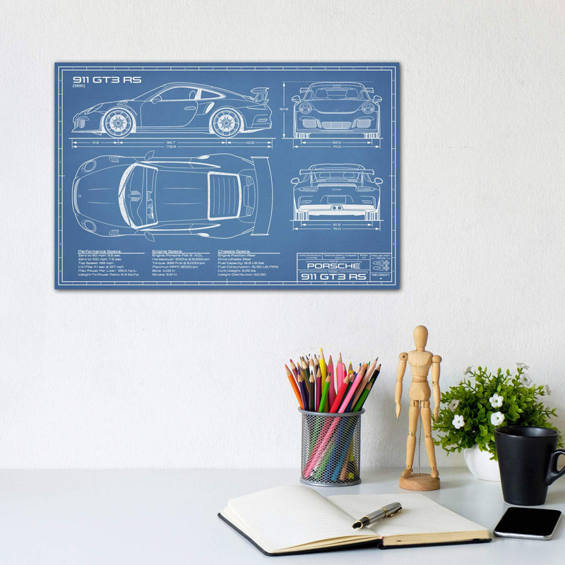 Porsche 911 GT3 RS (991) Blueprint by Action Blueprints - Wrapped Canvas Print, 20.32 cm H x 30.48 cm W