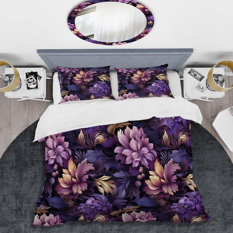 Mystic Purple Damask Whispers II - Ensemble de housse de couette damassé, Housse de couette pour grand lit et 2 taies décor
