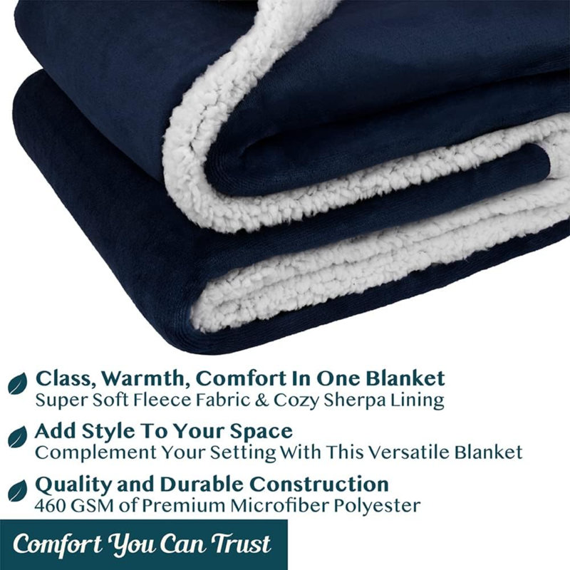 Navy Blue Sherpa Fleece Reversible Throw Blanket