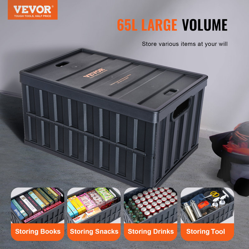 Black 65L Collapsible Plastic Storage Bins with Lids, Set of 3