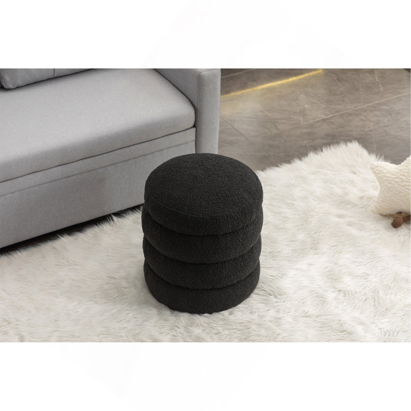 006-Soft Boucle  Round Ottoman Footrest Stool,Black, Boucle - Black