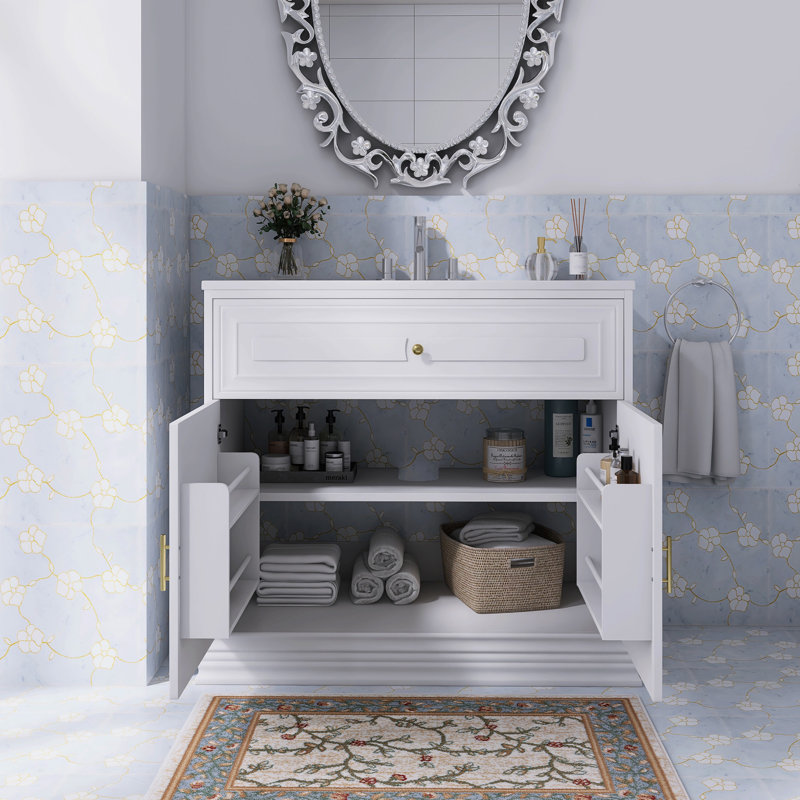 SOLID WOOD FRAME STORAGE BATHROOM VANITY WITH CERAMIC SINK, White