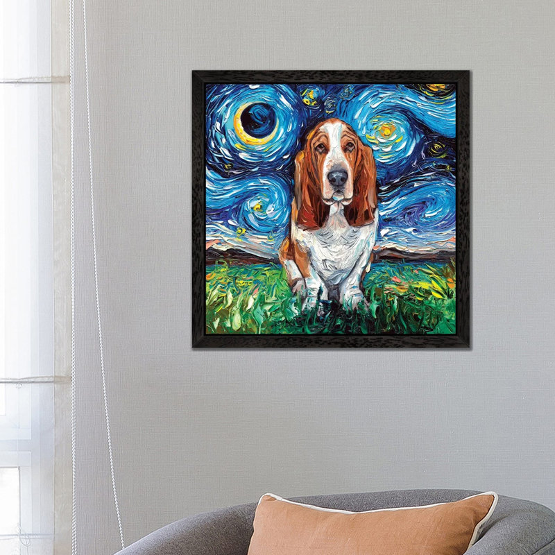 Basset Hound Night by Aja Trier - Painting on Canvas, Black Framed, 45.72 cm H x 45.72 cm W