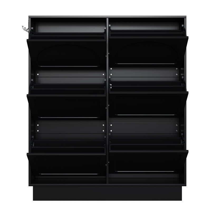 Armoire à chaussures moderne et étroite noire, 6 tiroirs rabattables, tablette réglable, 3 crochets, conception élégante peu encombrante pour le rangement de l'entrée, style crème, organisation
