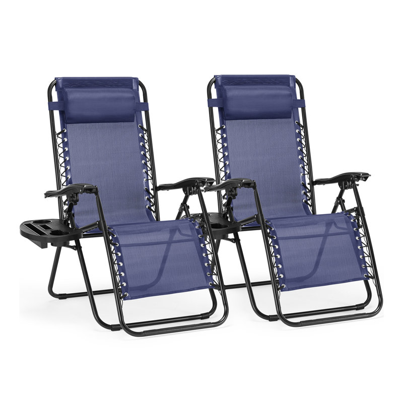 Ensemble de 2 chaises longues Zero Cravity, inclinables de patio pliant pour la plage de la piscine avec coussin et porte-gobelet, bleu