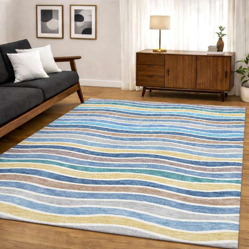 Premium Machine Washable Mayfield AMF2333 Stripes Rug, Blue, 3' x 5'