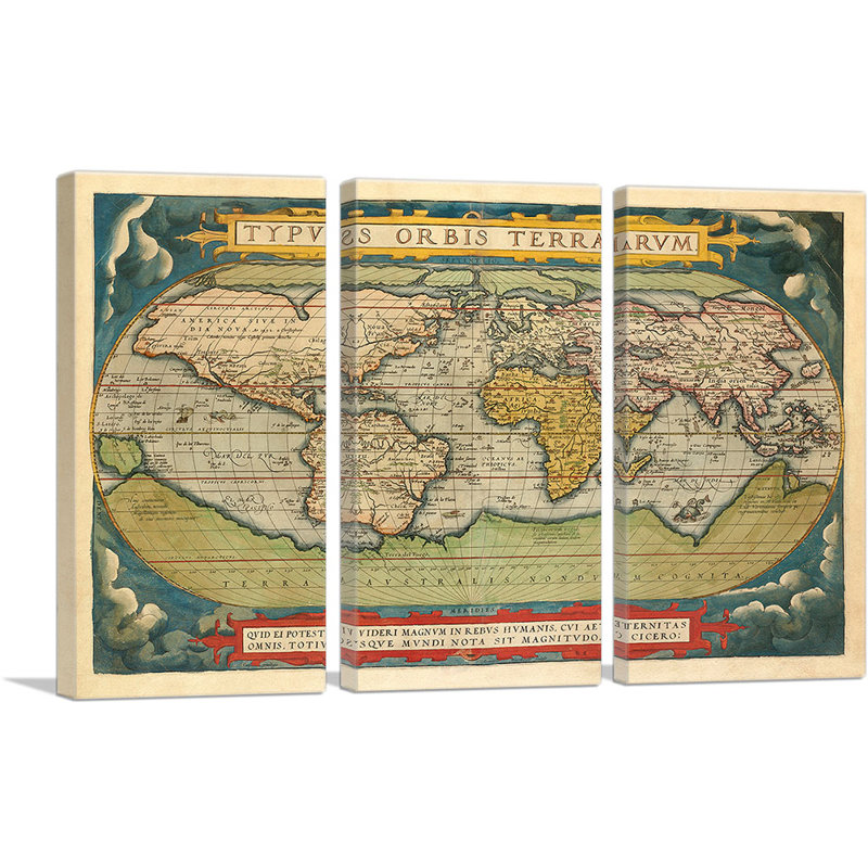 «Theatrum Orbis Terrarum 1570» par Abraham Ortelius, ensemble de 3 reproductions d'art graphique sur toile tendue