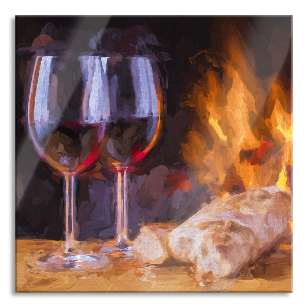 Glasbild Wein und Baguette am Kamin