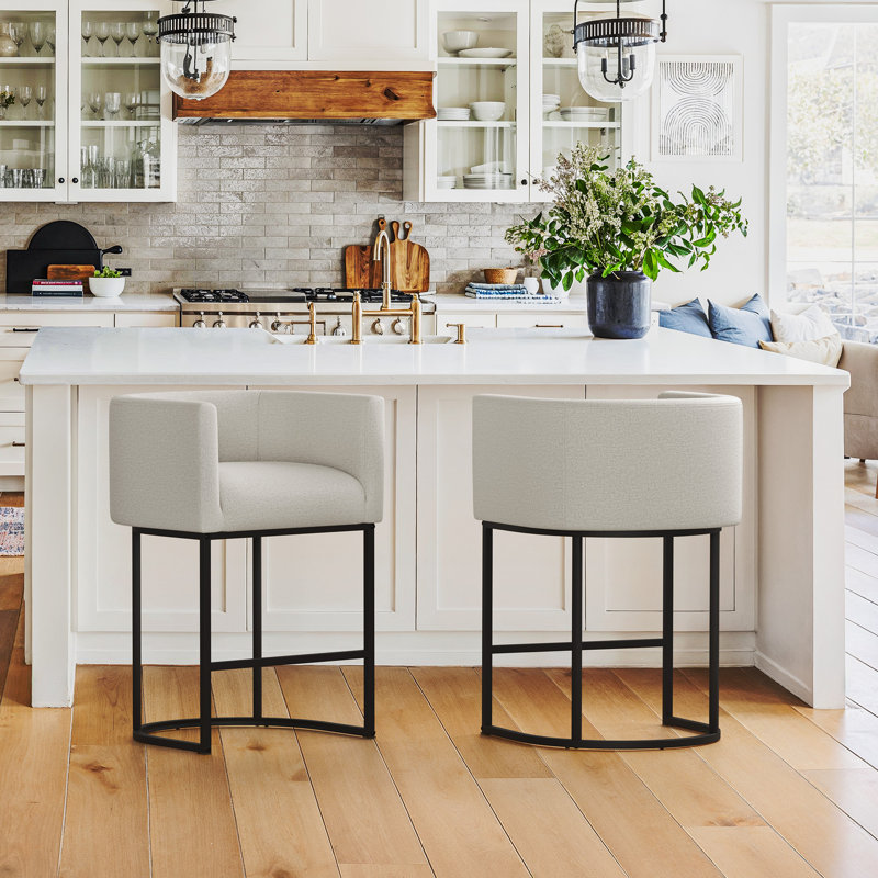 27"Upholstered Counter Height Bar Stools with Curved Barrel Back And Metal Frame, Light Gray Linen Seat/Black Frame