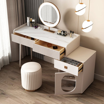 Makeup Vanity Set, Slate Top, Solid Wood Drawers, And Dimmable Led Mirror