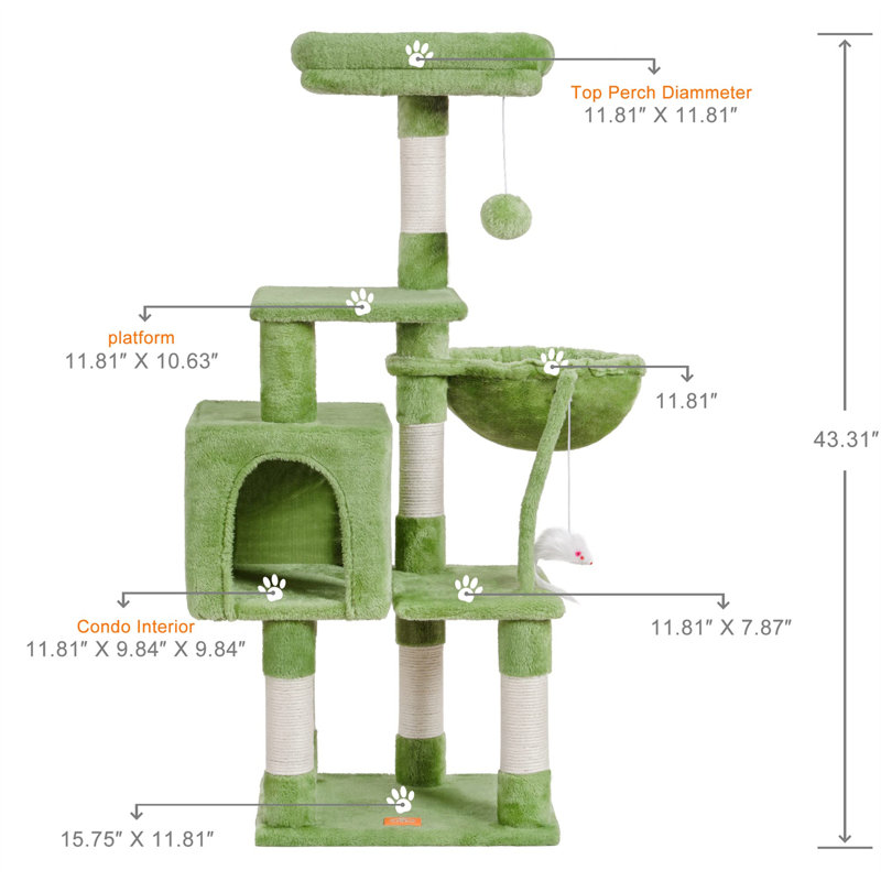 Arbre à chat Faraday, H 43,31 po x l 12,6 po x L 17,32 po, Vert