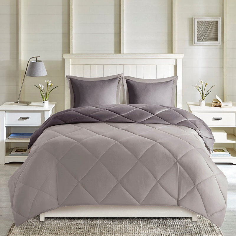 Édredon traité 3M avec duvet synthétique, Gris, Édredon double et 2 taies décoratives
