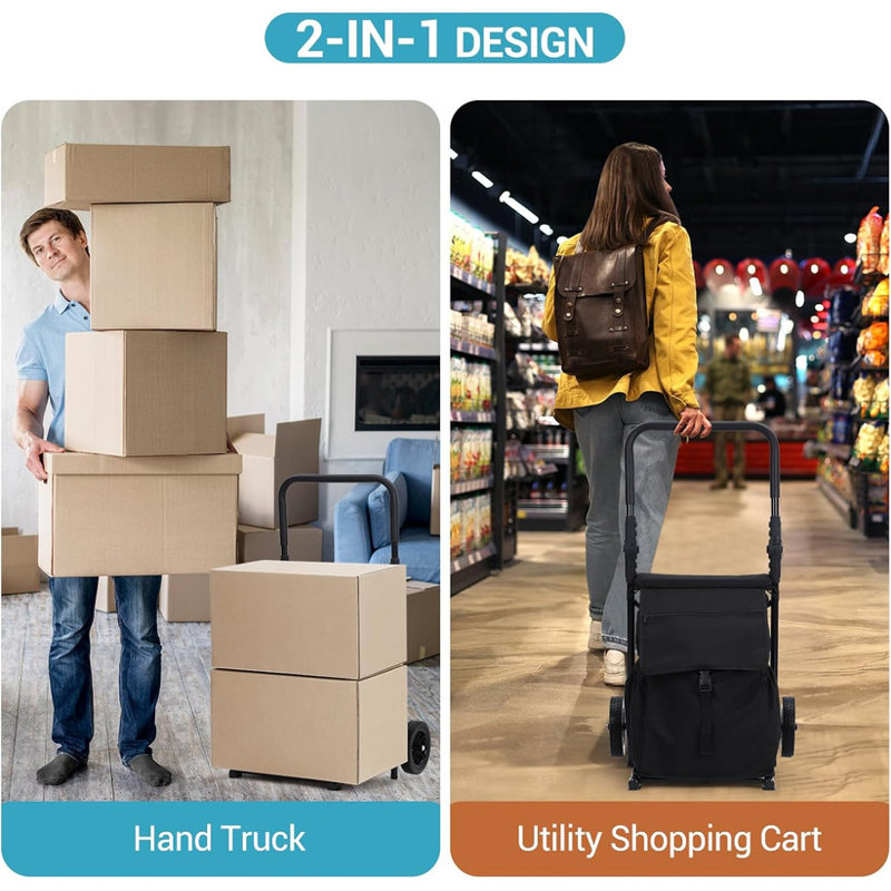 2 in 1 Foldable Shopping Cart, Grocery Cart with Seat, 2 Wheels Grocery Cart with 123 L Large Capacity Waterproof Bag