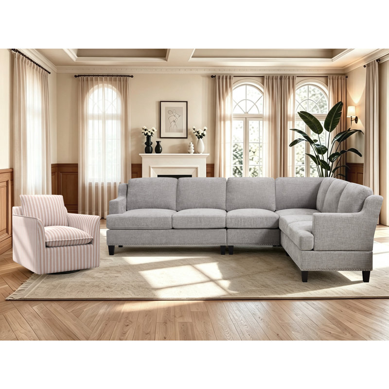 Ensemble de salon moderne de 5 pièces avec canapé d'angle en chenille et fauteuil pivotant à 360°, Gris / Brun