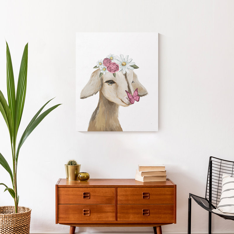 «Cute Baby Goat Butterfly Flowers», reproduction sur toile, H 24 po x l 20 po
