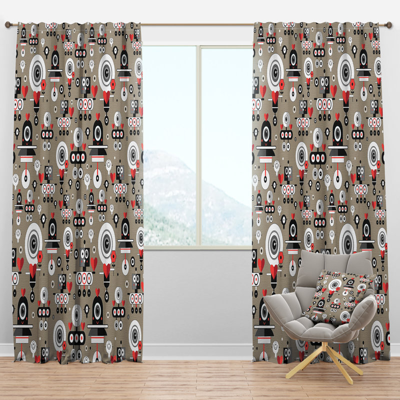 Panneau de rideau simple semi-diaphane avec passe-tringle Amusing Lovers Robots, l 52 po x L 95 po