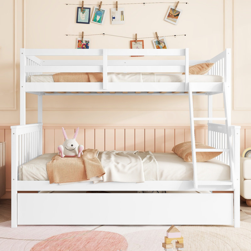 Twin Over Full Rubber Wood Bunk Bed with Twin Trundle, Detachable Convertible Ladder & Safety Guardrails, White